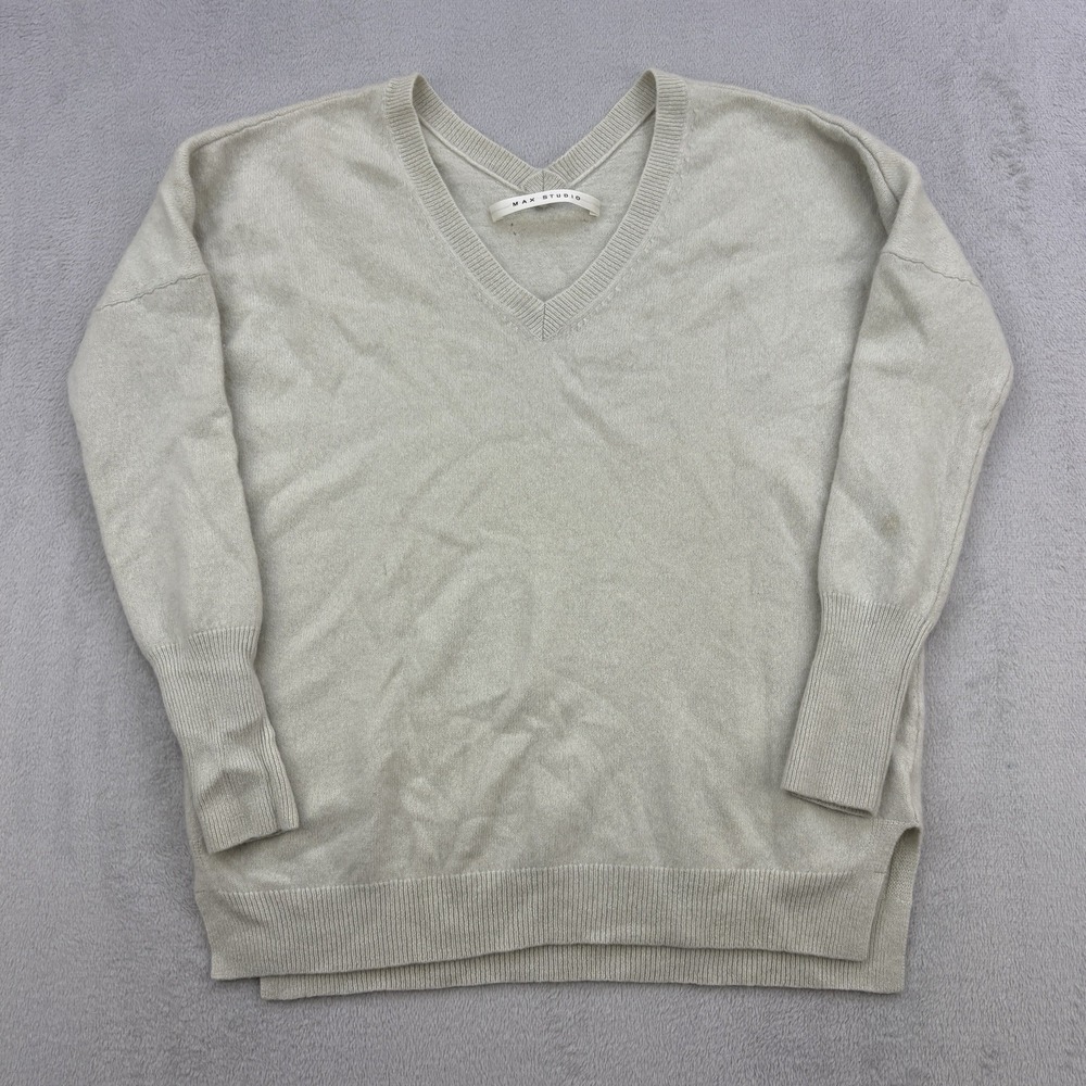 Max Studio Sweater Womens Large Green 100% Cashmere Soft Jumper V Neck Knitted